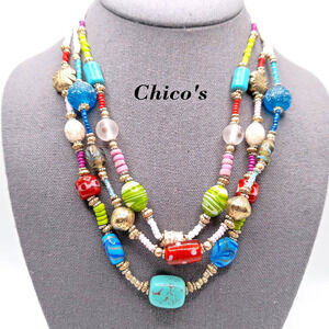 Chico's Lampwork Art Bead Necklace, Three Strands, 20"